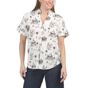 HESTER AND ORCHID White/black Linen Blend Printed Shirt